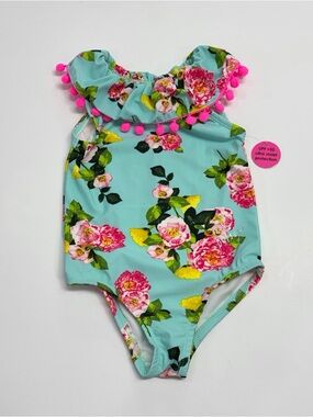 Betsey Johnson Aqua Floral One-Piece with Pink Pom-Pom Trim 4T NEW